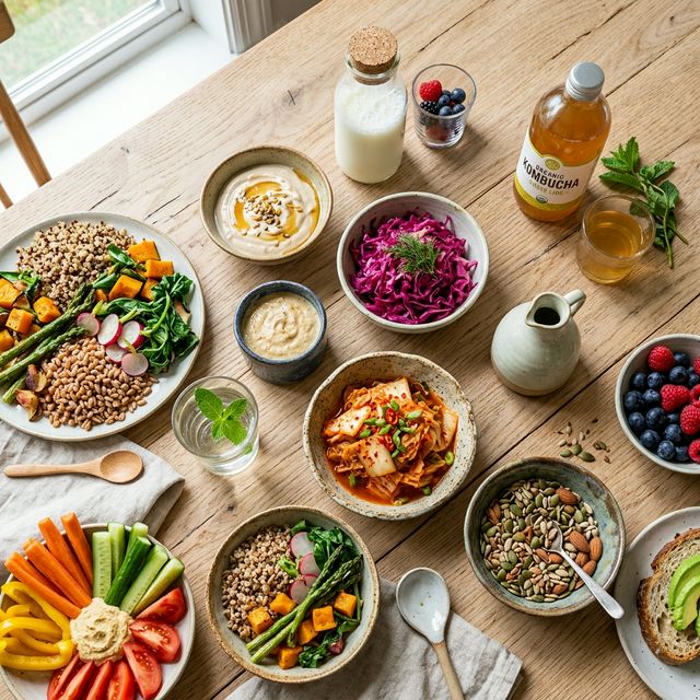 Bunte Auswahl an fermentierten Lebensmitteln und darmfreundlicher Ernährung von oben
