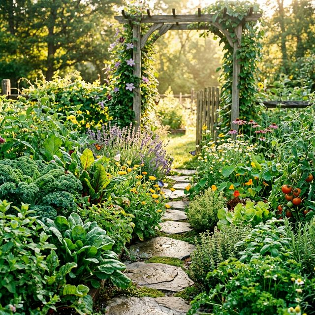 Üppiger Kräutergarten mit frischen Gemüse und Blumen im Morgenlicht – natürliche Balance