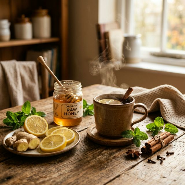 Wärmende Hausmittel gegen Erkältung: Ingwer, Zitrone, Honig und dampfender Kräutertee