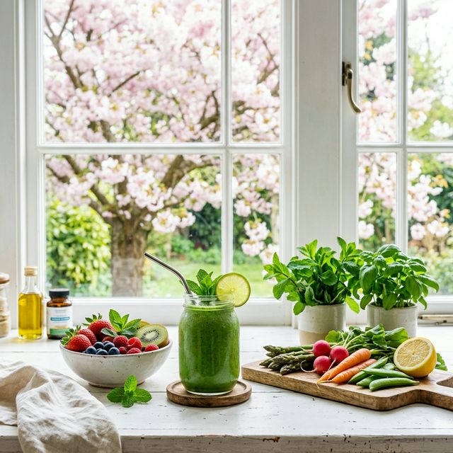 Frischer grüner Smoothie mit saisonalem Obst und Gemüse – Vitalität und Erneuerung im Frühling