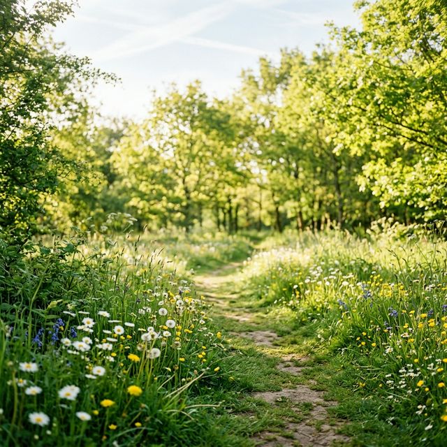 Sonnendurchfluteter Frühlingsweg mit blühenden Wildblumen und frischem Grün