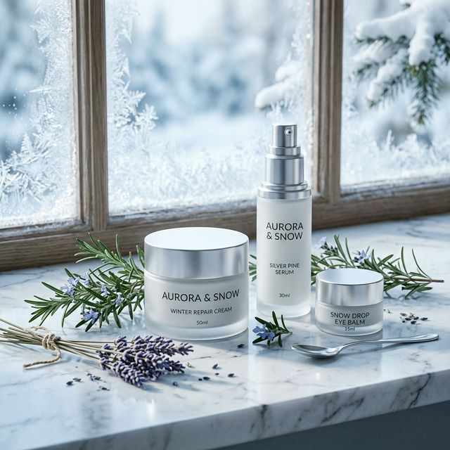 Elegante Winterpflege-Produkte mit Rosmarin und Lavendel auf Marmor vor frostigem Fenster