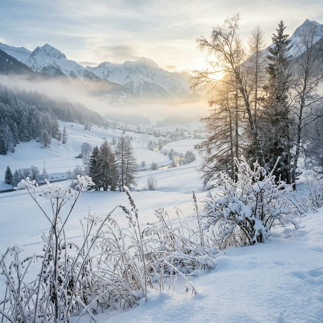 Winterliche Alpenlandschaft mit Eiskristallen und sanftem Sonnenlicht – Schutz für die Haut