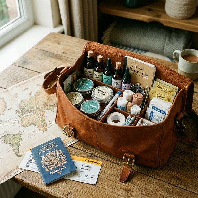 Gut bestückte Reiseapotheke in Ledertasche mit Reisepass und Weltkarte