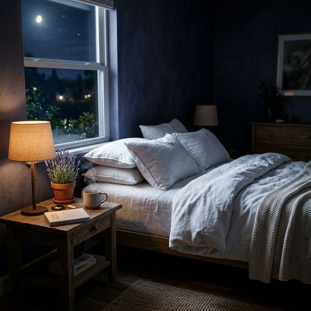Gemütliches Schlafzimmer bei Nacht mit Mondlicht, Lavendel und einer Tasse Kräutertee