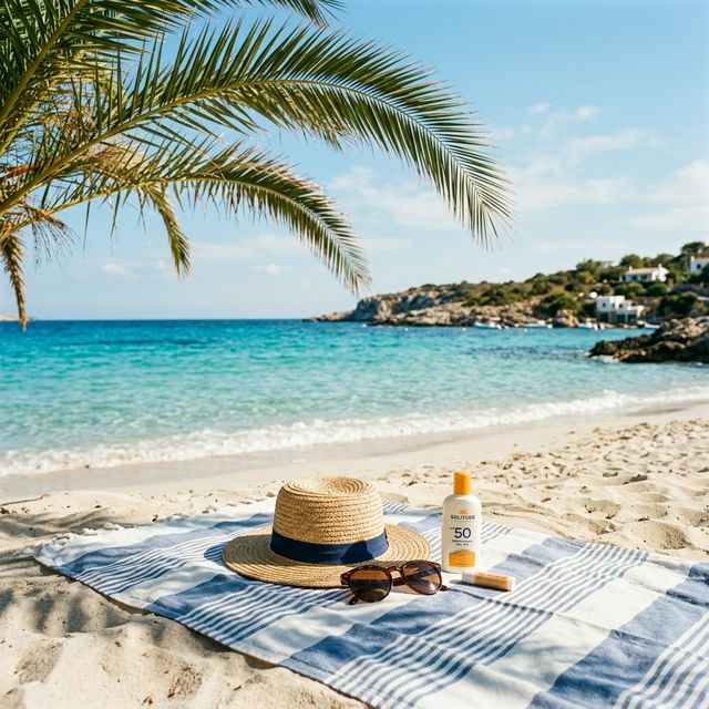 Mediterraner Strand mit Sonnenhut, Sonnenbrille und Sonnencreme unter Palmen