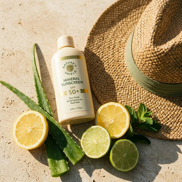 Sonnenschutz-Produkte mit Aloe Vera und frischen Zitrusfrüchten im Sommerlicht