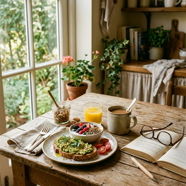 Gesundes Frühstück mit frischem Obst, Joghurt und Vollkornbrot am sonnigen Fenster