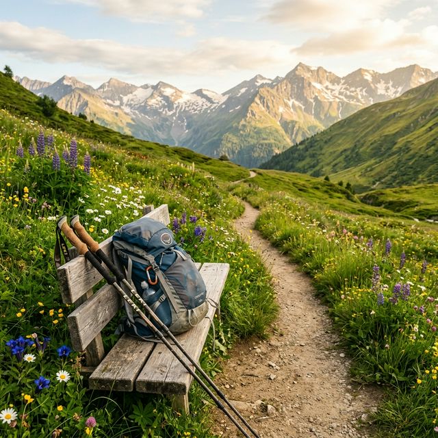 Alpiner Wanderweg mit Blumenwiese und Wanderausrüstung – aktiv und vital im Alter